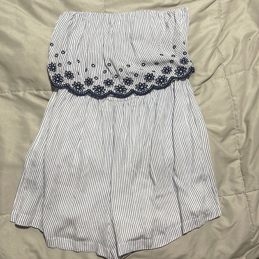 Strapless, Jessica Simpson, romper, navy and white stripes with blue flowers